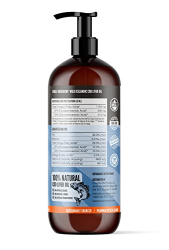 Pure Wild Caught Icelandic Cod Liver Oil 16oz Highest Purity, Highest Omega 3 1150mg/tsp, High EPA/DHA, Vitamin A & D - Reduces Itching, Healthy Skin & Coat, Mobility, BPA-Free, Pump incl.