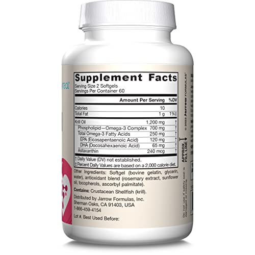 Jarrow Formulas Krill Oil - Phospholipid Omega-3 Complex with Astaxanthin - 120 Softgels - 60 Servings - Supports Lipid Management, Metabolism, Brain & Heart Health - EPA & DHA - Gluten Free - Non-GMO