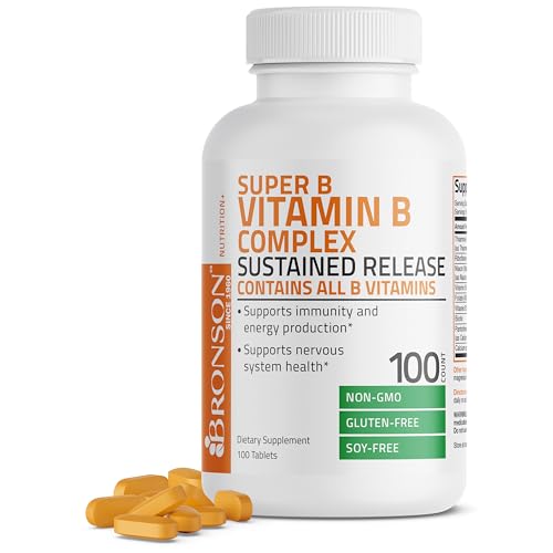 Bronson Super B Vitamin B Complex Sustained Slow Release (Vitamin B1, B2, B3, B6, B9 - Folic Acid, B12) Contains All B Vitamins 100 Tablets