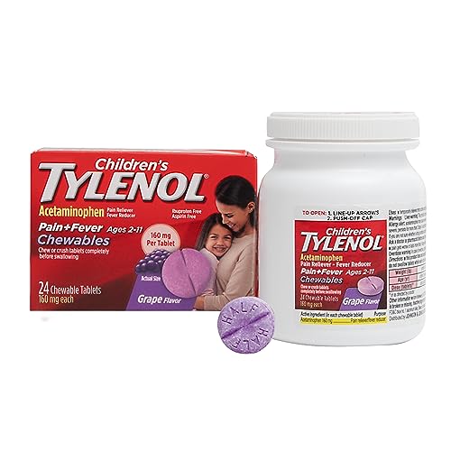 Tylenol Children's Chewables with 160 mg Acetaminophen, Pain Reliever & Fever Reducer for Kids' Cold + Flu Symptoms, Headache, Sore Throat & Toothache, Aspirin-Free, Grape Flavor, 24 ct