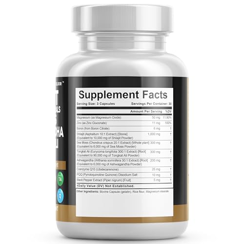 Shilajit Supplement 10,000mg with Sea Moss 6000mg, Ashwagandha 6000mg, Tongkat Ali, Boron, Magnesium - Fulvic Acid Capsules for Men - 90 Count