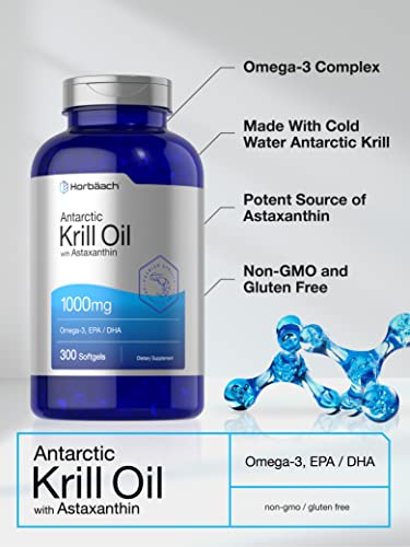 Horbaach Antarctic Krill Oil 1000mg | 300 Softgel Capsules | Omega 3, EPA, DHA Supplement | with Astaxanthin | Value Size | Non-GMO, Gluten Free