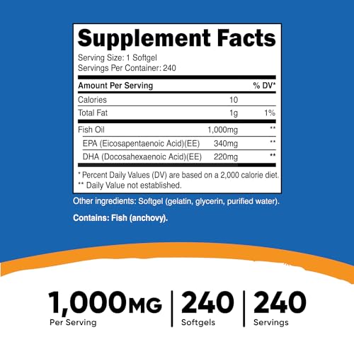 Nutricost Fish Oil Omega 3 Softgels with EPA & DHA (1000mg of Fish Oil, 560mg of Omega-3), 240 Softgels, Non-GMO, Gluten Free.