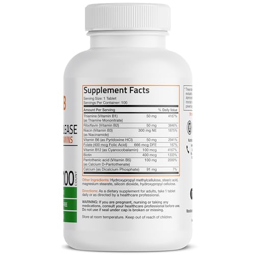 Bronson Super B Vitamin B Complex Sustained Slow Release (Vitamin B1, B2, B3, B6, B9 - Folic Acid, B12) Contains All B Vitamins 100 Tablets