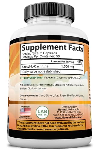 Acetyl L-Carnitine 1,500 mg High Potency Supports Natural Energy Production, Sports Nutrition, Supports Memory/Focus - 100 Veggie Capsules