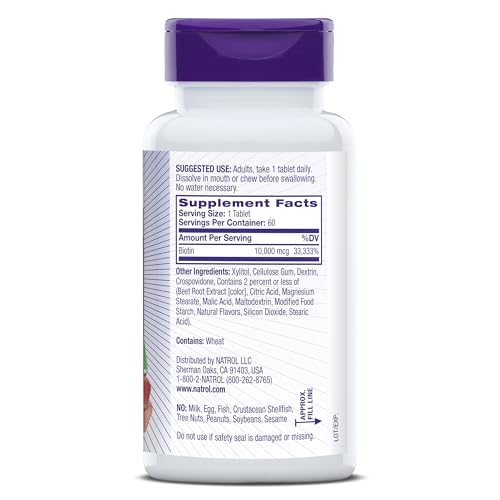 Natrol Beauty Biotin 10000mcg, Dietary Supplement for Healthy Hair, Skin, Nails and Energy Metabolism, 60 Strawberry-Flavored Fast Dissolve Tablets, 60 Day Supply