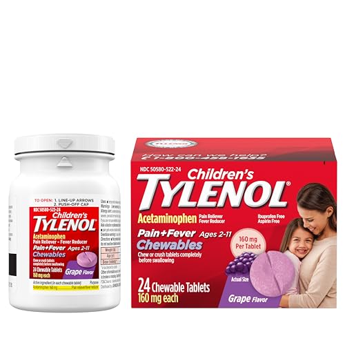 Tylenol Children's Chewables with 160 mg Acetaminophen, Pain Reliever & Fever Reducer for Kids' Cold + Flu Symptoms, Headache, Sore Throat & Toothache, Aspirin-Free, Grape Flavor, 24 ct