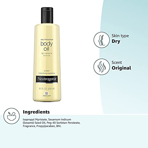 Neutrogena Body Oil Light Sesame Formula, Dry Skin Moisturizer & Hydrating Body Massage Oil, for Radiant & Healthy Looking Glow, Nourishing Bath Oil for Sheer Moisture, 8.5 fl. oz
