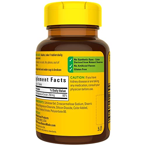 Nature Made Magnesium Oxide 250 mg, Magnesium Supplement for Muscle, Heart, Bone and Nerve Health Support, 100 Tablets, 100 Day Supply