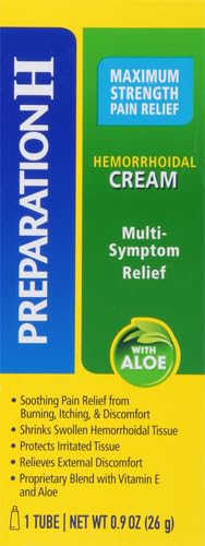 Preparation H Hemorrhoid Symptom Treatment Cream (0.9 Ounce Tube), Maximum Strength Multi-Symptom Pain Relief with Aloe