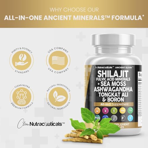 Shilajit Supplement 10,000mg with Sea Moss 6000mg, Ashwagandha 6000mg, Tongkat Ali, Boron, Magnesium - Fulvic Acid Capsules for Men - 90 Count