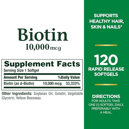 Nature's Bounty Biotin, Supports Healthy Hair, Skin and Nails, 10,000 mcg, Rapid Release Softgels, 120 Ct