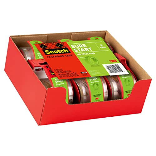 Scotch Sure Start Packing Tape, Clear, Quiet Unwind and Easy Start, Moving Supplies, 1.88 in. x 22.2 yd., 6 Tape Rolls with Dispensers