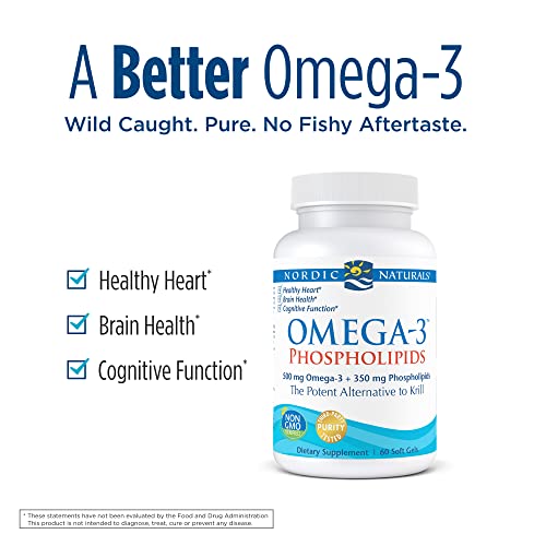 Nordic Naturals Omega-3 Phospholipids, Unflavored - 60 Soft Gels - 500 mg Omega-3 & 350 mg Phospholipids - Heart & Brain Health - Small, Easy-to-Swallow Soft Gels - Non-GMO - 30 Servings