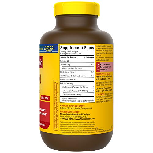Nature Made Fish Oil Supplements 1000 mg Softgels, Omega 3 for Healthy Heart Support, 250 Softgels, 125 Day Supply
