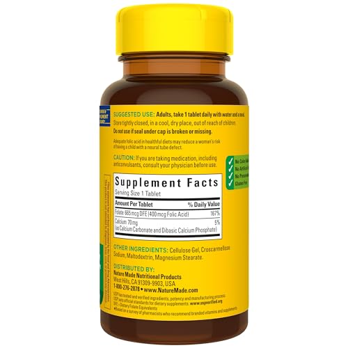 Nature Made Folic Acid 400 mcg (665 mcg DFE), Dietary Supplement for Nervous System Function, 250 Tablets, 250 Day Supply