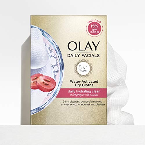 Olay Daily Facials, Daily Clean Makeup Removing Facial Cleansing Wipes, 5-in-1 Water Activated Cloths, Exfoliates, Tones and Hydrates Skin, 66 count