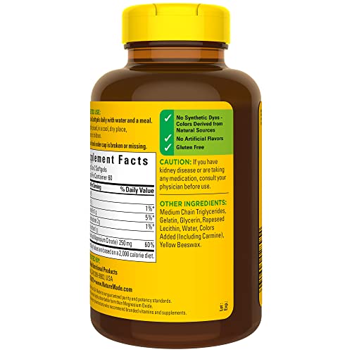 Nature Made Magnesium Citrate 250 mg per serving, Magnesium Supplement for Muscle, Nerve, Bone and Heart Support, 120 Softgels, 60 Day Supply