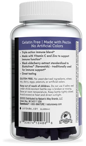 Nature’s Way Sambucus Elderberry Immune Gummies, Daily Immune Support for Kids and Adults*, with Vitamin C, Vitamin D3, Zinc, Gluten Free, Vegetarian, 60 Gummies (Packaging May Vary)