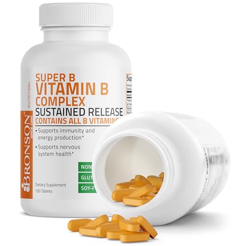 Bronson Super B Vitamin B Complex Sustained Slow Release (Vitamin B1, B2, B3, B6, B9 - Folic Acid, B12) Contains All B Vitamins 100 Tablets