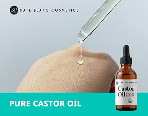 Kate Blanc Cosmetics Castor Oil (2oz), USDA Certified Organic, 100% Pure, Cold Pressed, Hexane Free. Stimulate Growth for Eyelashes, Eyebrows, Hair. Skin Moisturizer & Hair Treatment Starter Kit
