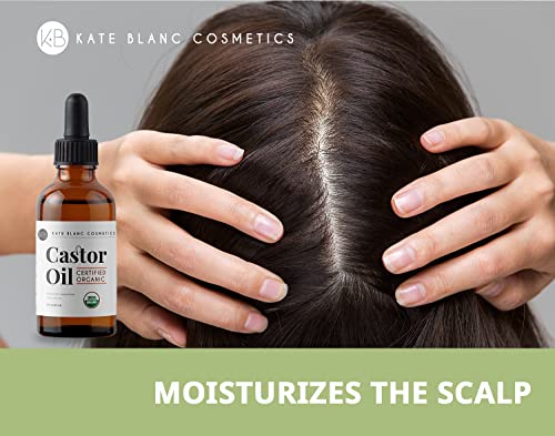 Kate Blanc Cosmetics Castor Oil (2oz), USDA Certified Organic, 100% Pure, Cold Pressed, Hexane Free. Stimulate Growth for Eyelashes, Eyebrows, Hair. Skin Moisturizer & Hair Treatment Starter Kit