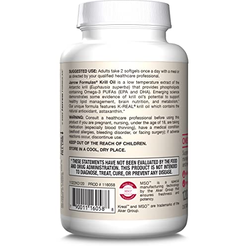 Jarrow Formulas Krill Oil - Phospholipid Omega-3 Complex with Astaxanthin - 120 Softgels - 60 Servings - Supports Lipid Management, Metabolism, Brain & Heart Health - EPA & DHA - Gluten Free - Non-GMO
