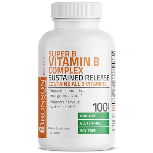 Bronson Super B Vitamin B Complex Sustained Slow Release (Vitamin B1, B2, B3, B6, B9 - Folic Acid, B12) Contains All B Vitamins 100 Tablets
