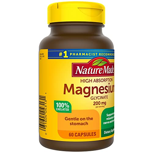 Nature Made Magnesium Glycinate 200 mg per serving, Magnesium Supplement for Muscle, Heart, Nerve and Bone Support, 60 Magnesium Bisglycinate Capsules, 30 Day Supply