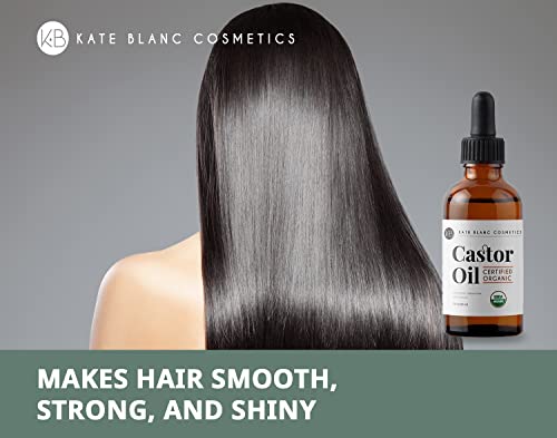 Kate Blanc Cosmetics Castor Oil (2oz), USDA Certified Organic, 100% Pure, Cold Pressed, Hexane Free. Stimulate Growth for Eyelashes, Eyebrows, Hair. Skin Moisturizer & Hair Treatment Starter Kit