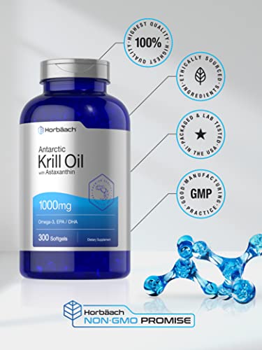Horbaach Antarctic Krill Oil 1000mg | 300 Softgel Capsules | Omega 3, EPA, DHA Supplement | with Astaxanthin | Value Size | Non-GMO, Gluten Free