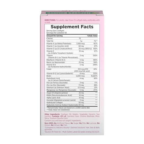 Nature's Bounty Advanced Hair, Skin & Nails, Argan-Infused Vitamin Supplement with Biotin and Hyaluronic Acid, 150 Rapid Release Softgels