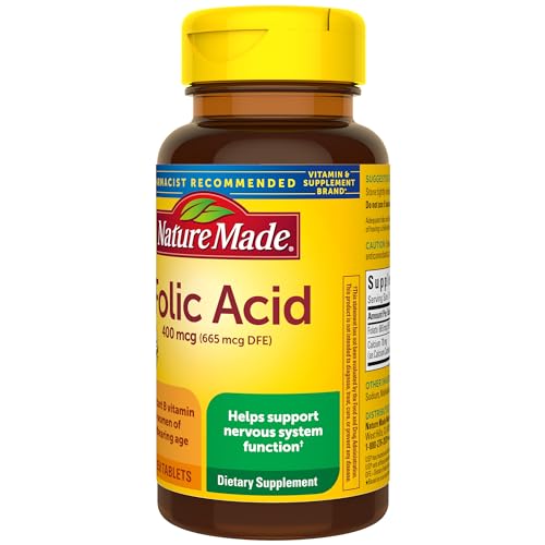 Nature Made Folic Acid 400 mcg (665 mcg DFE), Dietary Supplement for Nervous System Function, 250 Tablets, 250 Day Supply