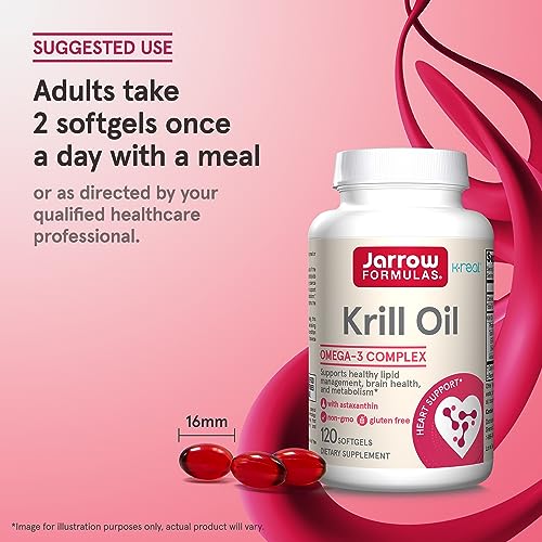 Jarrow Formulas Krill Oil - Phospholipid Omega-3 Complex with Astaxanthin - 120 Softgels - 60 Servings - Supports Lipid Management, Metabolism, Brain & Heart Health - EPA & DHA - Gluten Free - Non-GMO