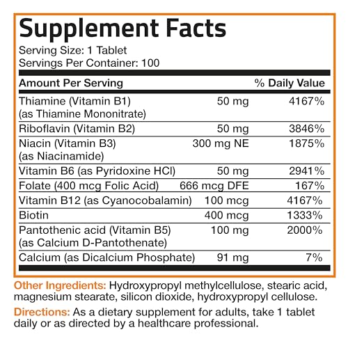 Bronson Super B Vitamin B Complex Sustained Slow Release (Vitamin B1, B2, B3, B6, B9 - Folic Acid, B12) Contains All B Vitamins 100 Tablets