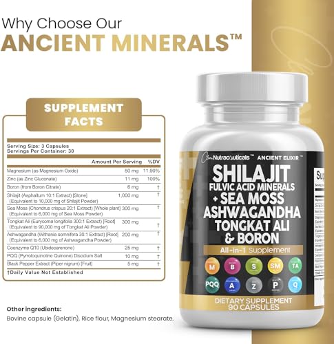 Shilajit Supplement 10,000mg with Sea Moss 6000mg, Ashwagandha 6000mg, Tongkat Ali, Boron, Magnesium - Fulvic Acid Capsules for Men - 90 Count