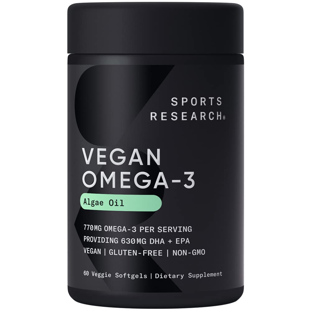 Sports Research Vegan Omega-3 Fish Oil from Algae Oil - High Levels DHA & EPA Fatty Acids | Non-GMO & Vegan Certified - 60 Softgels (Carrageenan Free)