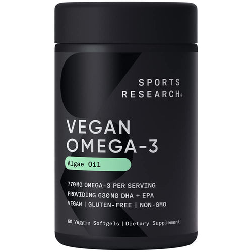 Sports Research Vegan Omega-3 Fish Oil from Algae Oil - High Levels DHA & EPA Fatty Acids | Non-GMO & Vegan Certified - 60 Softgels (Carrageenan Free)