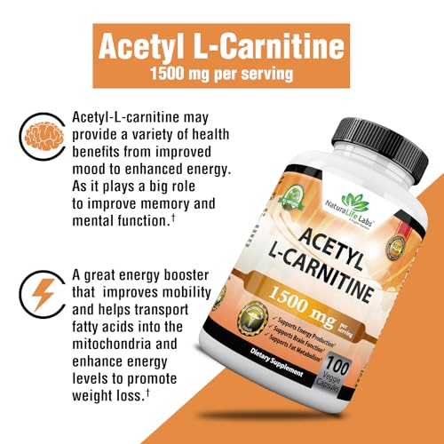 Acetyl L-Carnitine 1,500 mg High Potency Supports Natural Energy Production, Sports Nutrition, Supports Memory/Focus - 100 Veggie Capsules