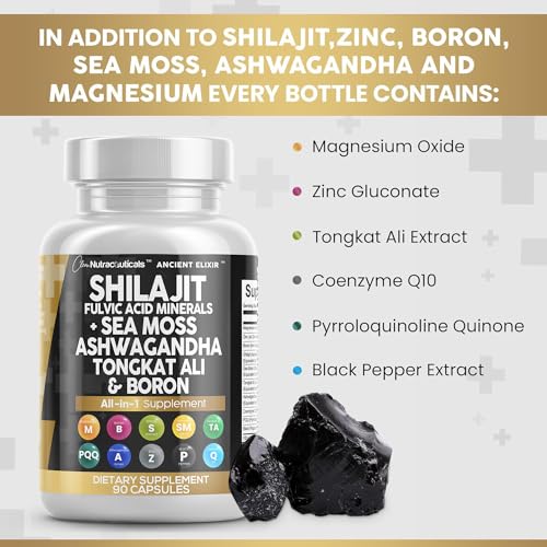 Shilajit Supplement 10,000mg with Sea Moss 6000mg, Ashwagandha 6000mg, Tongkat Ali, Boron, Magnesium - Fulvic Acid Capsules for Men - 90 Count