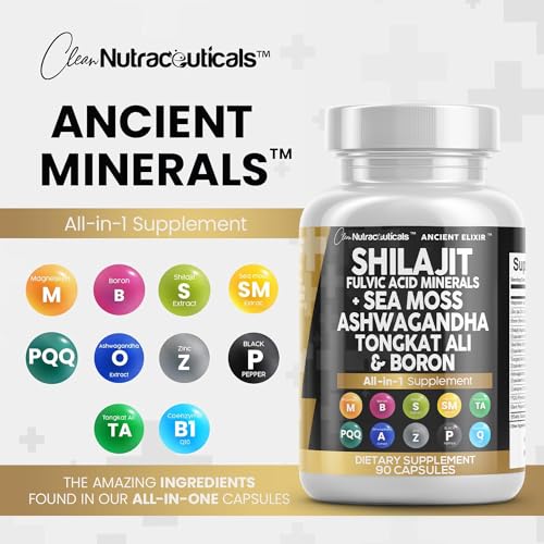 Shilajit Supplement 10,000mg with Sea Moss 6000mg, Ashwagandha 6000mg, Tongkat Ali, Boron, Magnesium - Fulvic Acid Capsules for Men - 90 Count