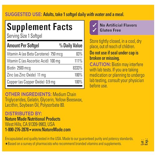 Nature Made Hair Skin and Nails with Biotin 2500 mcg, Dietary Supplement For Healthy Hair Skin and Nails Support, 120 Softgels, 120 Day Supply