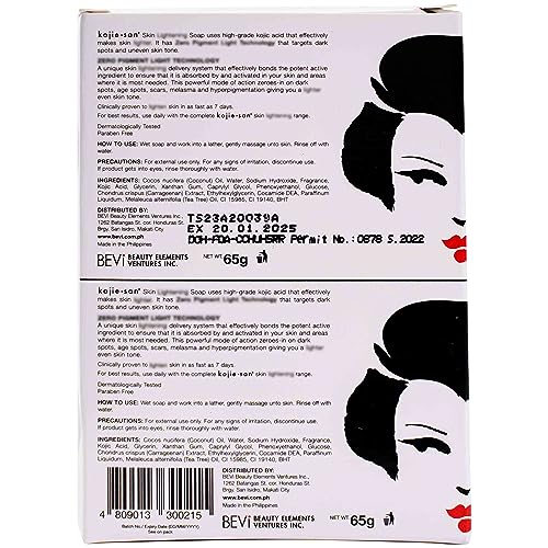 Kojie San Skin Brightening Soap - Original Kojic Acid Soap that Reduces Dark Spots, Hyperpigmentation, & Scars with Coconut & Tea Tree Oil - 65g x 2 Bars with Net