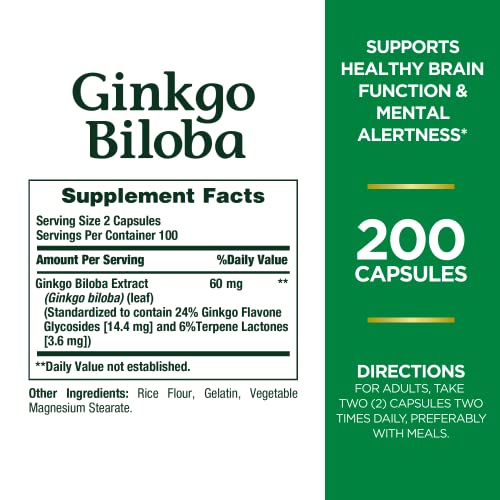 Nature's Bounty Ginkgo Biloba 60 Mg, 200 Capsules (17243)