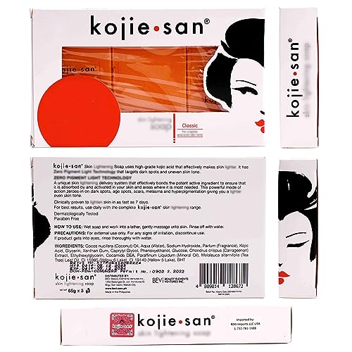 Kojie San Skin Brightening Soap – The Original Kojic Acid Soap that Reduces Dark Spots, Hyper-pigmentation, & other types of skin damage – 3 x 65g Bars