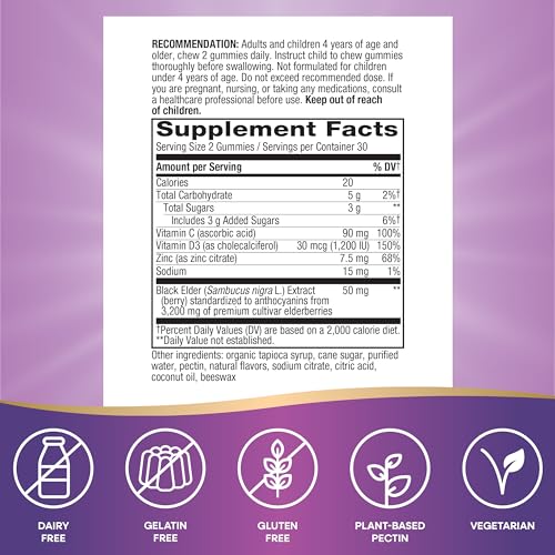 Nature’s Way Sambucus Elderberry Immune Gummies, Daily Immune Support for Kids and Adults*, with Vitamin C, Vitamin D3, Zinc, Gluten Free, Vegetarian, 60 Gummies (Packaging May Vary)