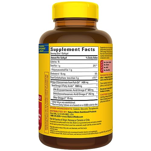 Nature Made Burp Less Ultra Omega 3 Fish Oil Supplements 1400 mg, Omega 3 Supplement for Healthy Heart, Brain and Eyes Support, One Per Day, 90 Softgels