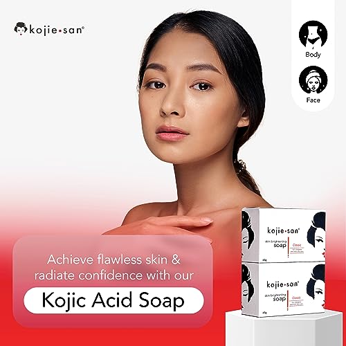 Kojie San Skin Brightening Soap - Original Kojic Acid Soap that Reduces Dark Spots, Hyperpigmentation, & Scars with Coconut & Tea Tree Oil - 65g x 2 Bars with Net