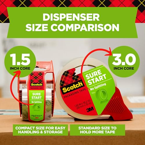 Scotch Sure Start Packing Tape, Clear, Quiet Unwind and Easy Start, Moving Supplies, 1.88 in. x 22.2 yd., 6 Tape Rolls with Dispensers
