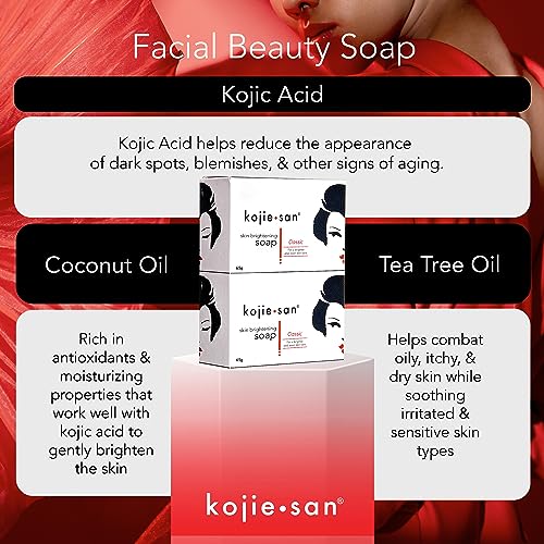 Kojie San Skin Brightening Soap - Original Kojic Acid Soap that Reduces Dark Spots, Hyperpigmentation, & Scars with Coconut & Tea Tree Oil - 65g x 2 Bars with Net